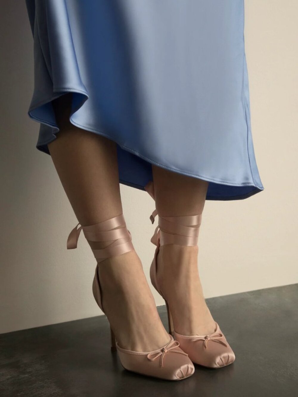 Larina Blush Satin Ballerina Heels Satin Ribbon Ankle Wrap Ballerina - Picture 3 of 7